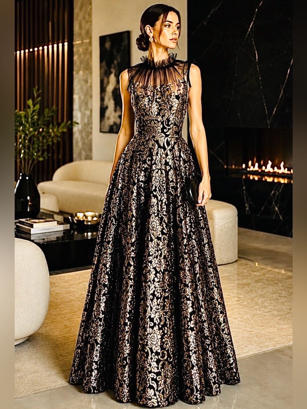 New ALEX MARIE Black & Metallic Gold Embroidered Brocade Gown Sleeveless 10